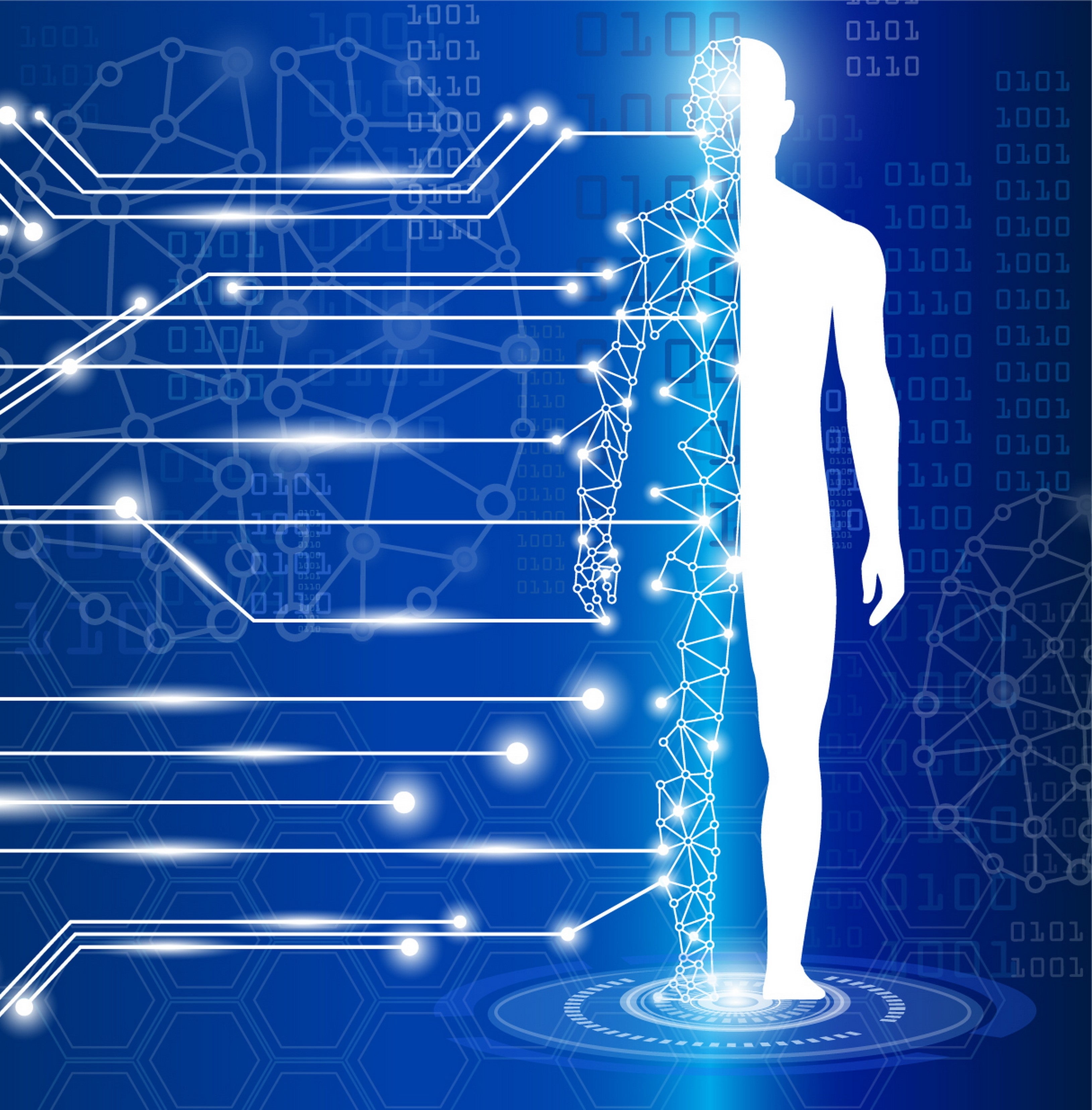 A blue background with a white silhouette of a man