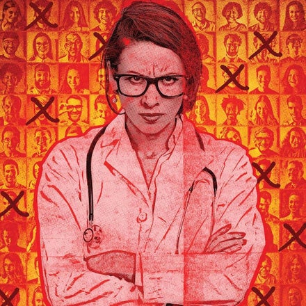 Stern doctor in front of a orange and red grid of people with some crossed out