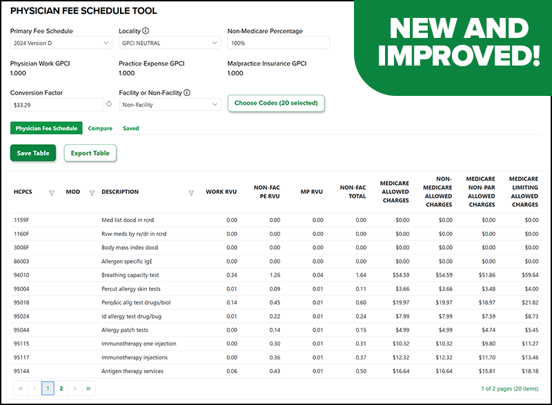 Screenshot of the new Physician Fee Schedule Tool