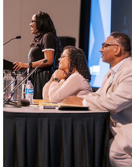 Kem Tolliver, Shawntea "Taya" Gordon and Otis C. Fagan help lead a meeting of MGMA's Black Healthcare Leaders Resource Group at the 2024 Leaders Conference in Denver. (Photo by BrandViva)